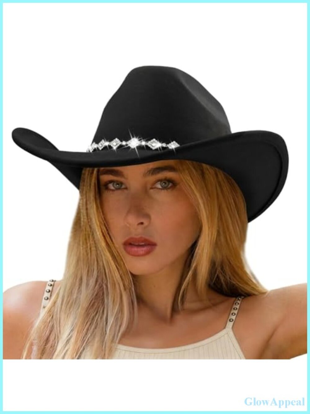 Western Cowboy Hat Rhinestone Glitter Felt Wide Brim Adjustable Unisex